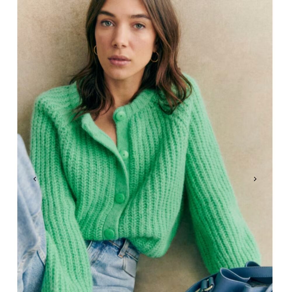 Sezane Emile Cardigan Bright Green Alpaca Wool Size M Chunky Rare Color EUC - Picture 8 of 8